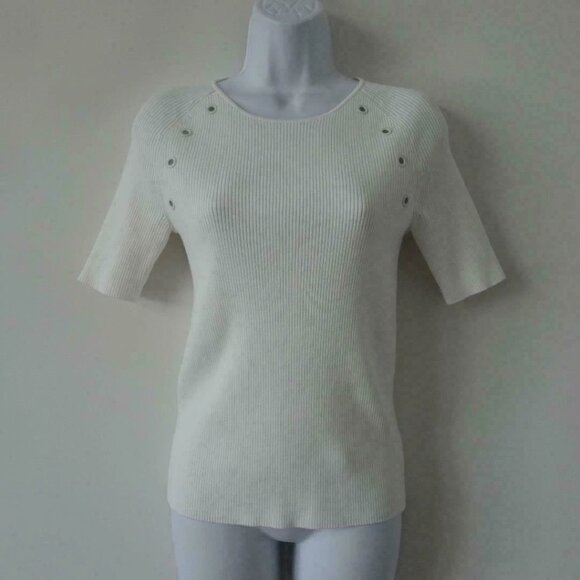 New AKRIS White Round Neck Short Sleeve Cotton Knit Top Rib Eyelet Detail 8, 10 - Picture 1 of 7